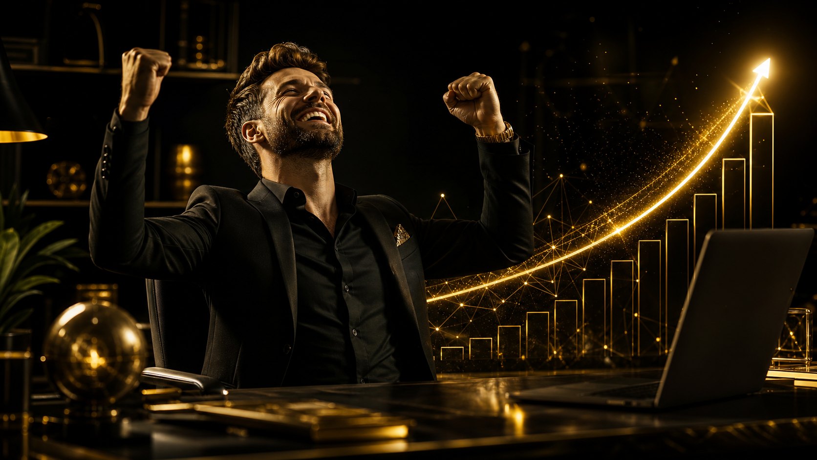 Triumphant business owner celebrating exploding website traffic and skyrocketing sales, with a soaring gold growth chart