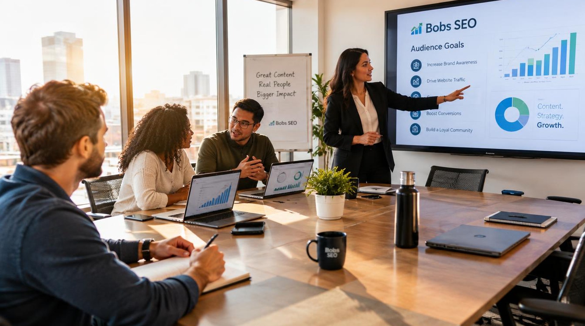 Brand team reviewing audience goals for a content creation firm