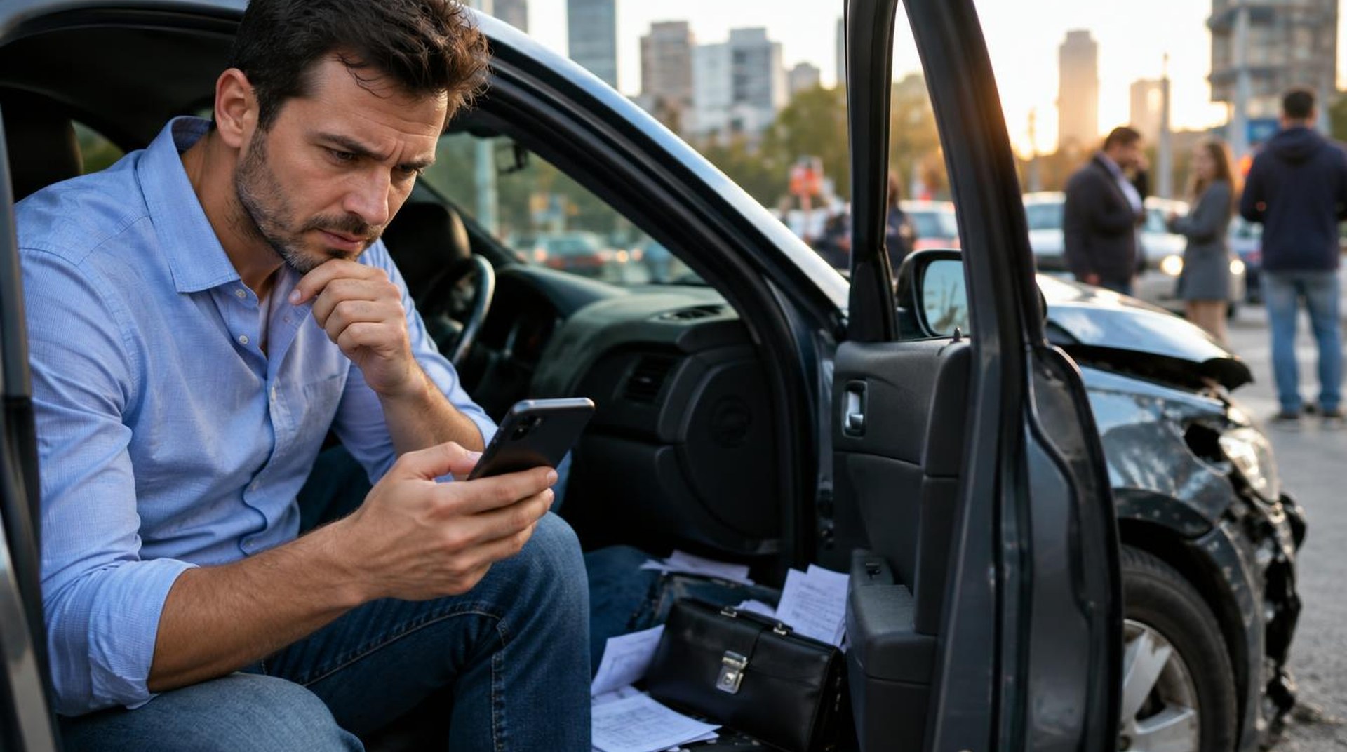 Injured driver searches for nearby legal help on a phone