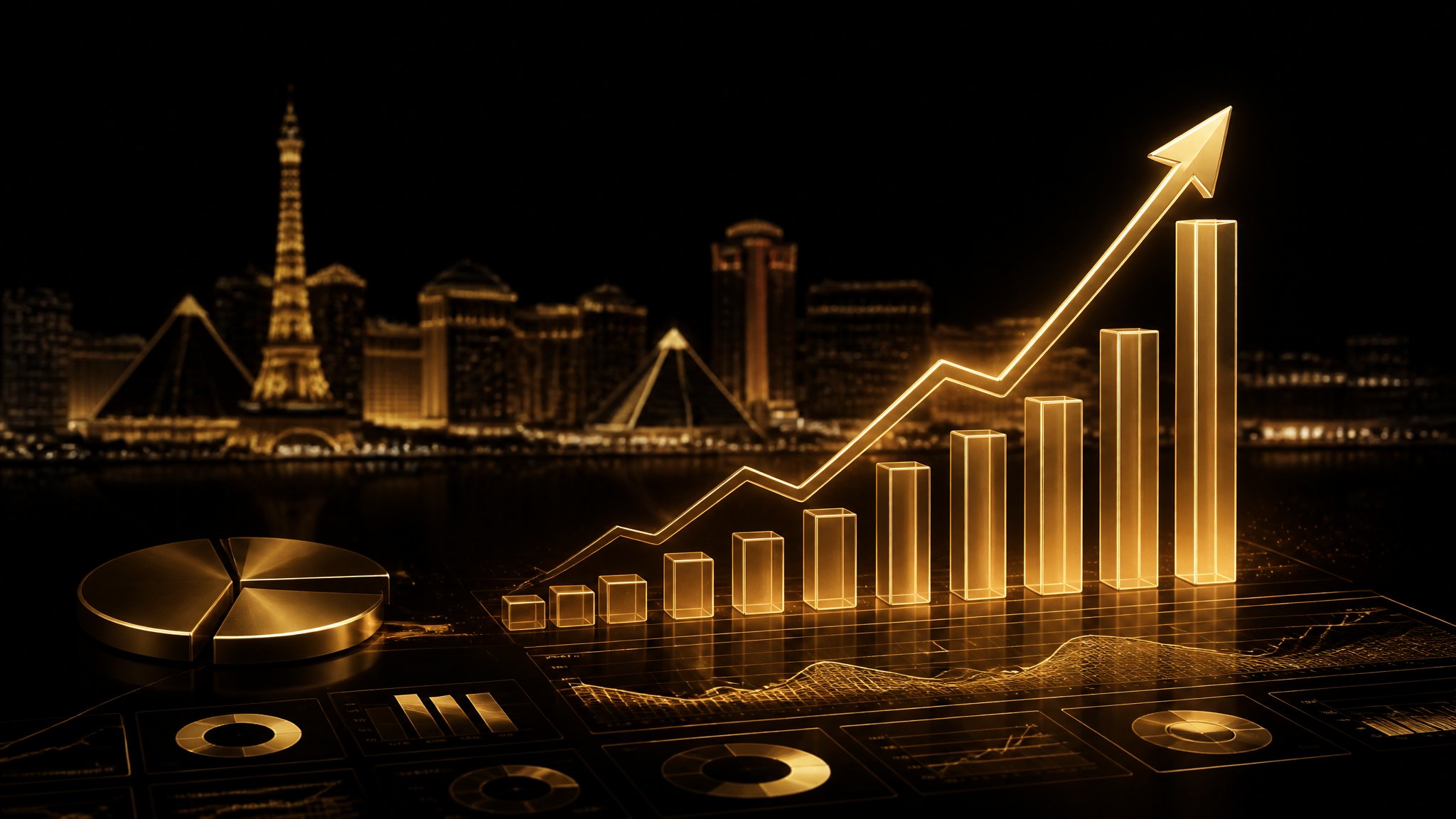 Upward-trending gold analytics growth chart over a Las Vegas skyline — SEO traffic and ROI growth