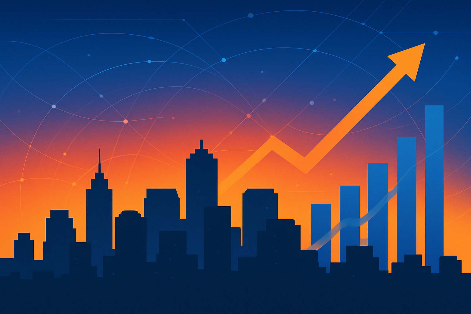 Stylized Anaheim skyline with upward graph representing SEO growth and digital marketing